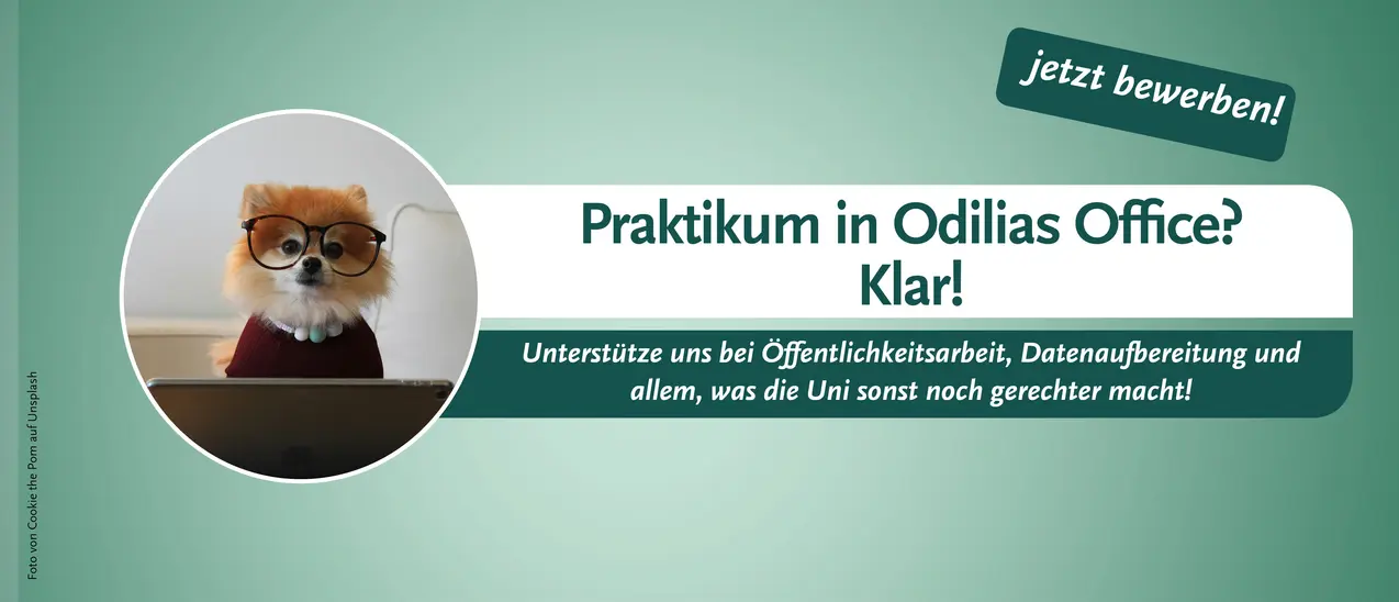 Alle Infos Oben rechts: Bewirb dich jetzt! Mittig links: ein Hund mit Brille und Laptop. Mitte mittig: Praktikum in Odilias Office? Klar! Unterstütze uns bei Öffentlichkeitsarbeit, Datenaufbereitung und allem, was die Uni sonst noch gerechter macht!