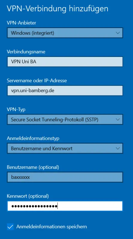 Ansicht VPN-Verbindungsoptionen