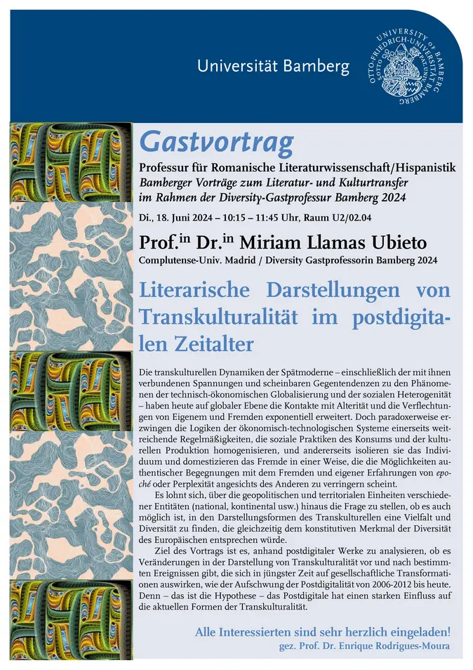 Plakat zum Vortrag von Prof. Dr. Miriam Llamas Ubieto 