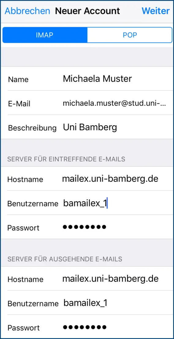 Abbildung 3: Konfiguration Postfach für alternatives Mailsystem unter iOS einrichten