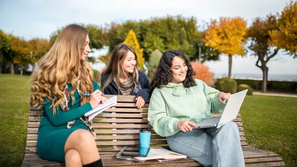 Studierende am Lernen Studierende am Lernen auf einer Parkbank