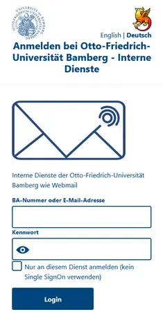 Es wird das offizielle Shibboleth Anmeldefesnter der Universität Bamberg gezeigt. Hier wird sich mit BA-Nummer und dem dazugehörigen Kennwort angemeldet.