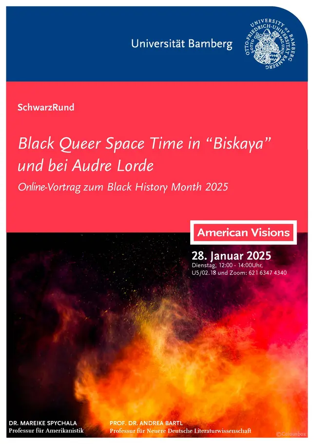 Poster for the Black History Month lecture by author and scholar SchwarzRund. In addition to the information about the lecture, the poster shows an explosion of color in red and orange.