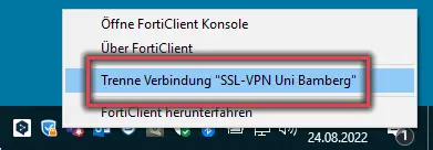 Ansicht Auswahl Trenne Verbindung "SSL-VPN Uni Bamberg"