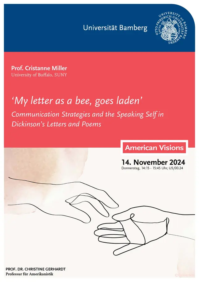 Poster for Professor Cristanne Millers guest lecture. The poster contains information not he guest lecture and a drawing of two hands reaching for each other.