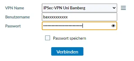 Ansicht Auswahl SSL-VPN Uni Bamberg