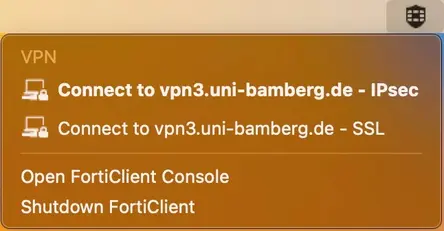 Ansicht Menüleiste: Mit VPN-Uni-Bamberg verbinden