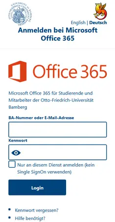 Es wird das offizielle Shibboleth Anmeldefesnter der Universität Bamberg gezeigt. Hier wird sich mit BA-Nummer und dem dazugehörigen Kennwort angemeldet.