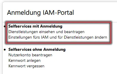 Ansicht Auswählen der Option "Selfservices mit Anmeldung"