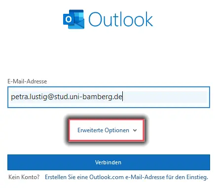 Postfach hinzufügen mit Erweiterter Option