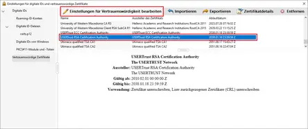 Ansicht Einstellungen für digitale IDs und vertrauenswürdige Zertifikate