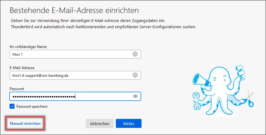 Fenster zum Einrichten einer bestehenden Mail-Adresse