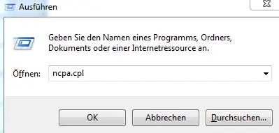 Ansicht Ausführen der ncpa.cpl